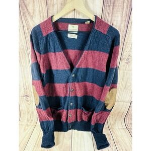 Scotch & Soda Cardigan Sweater Mens X-Large Red Blue Wool Leather Elbow Patch XL